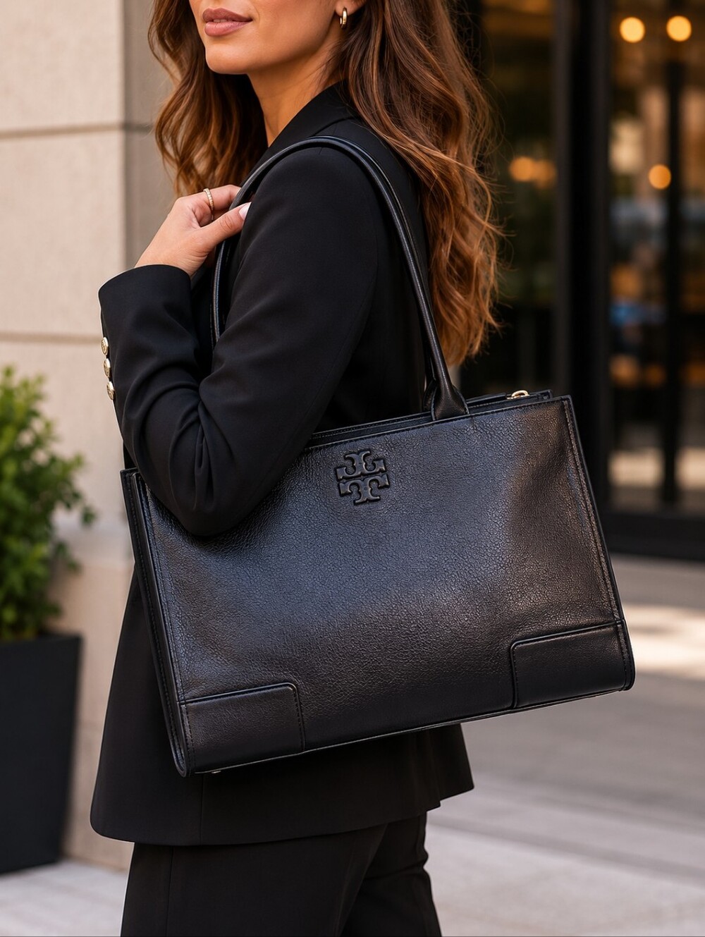 Tory Burch Elle Minimalist Black Leather Work Laptop Tote NWT